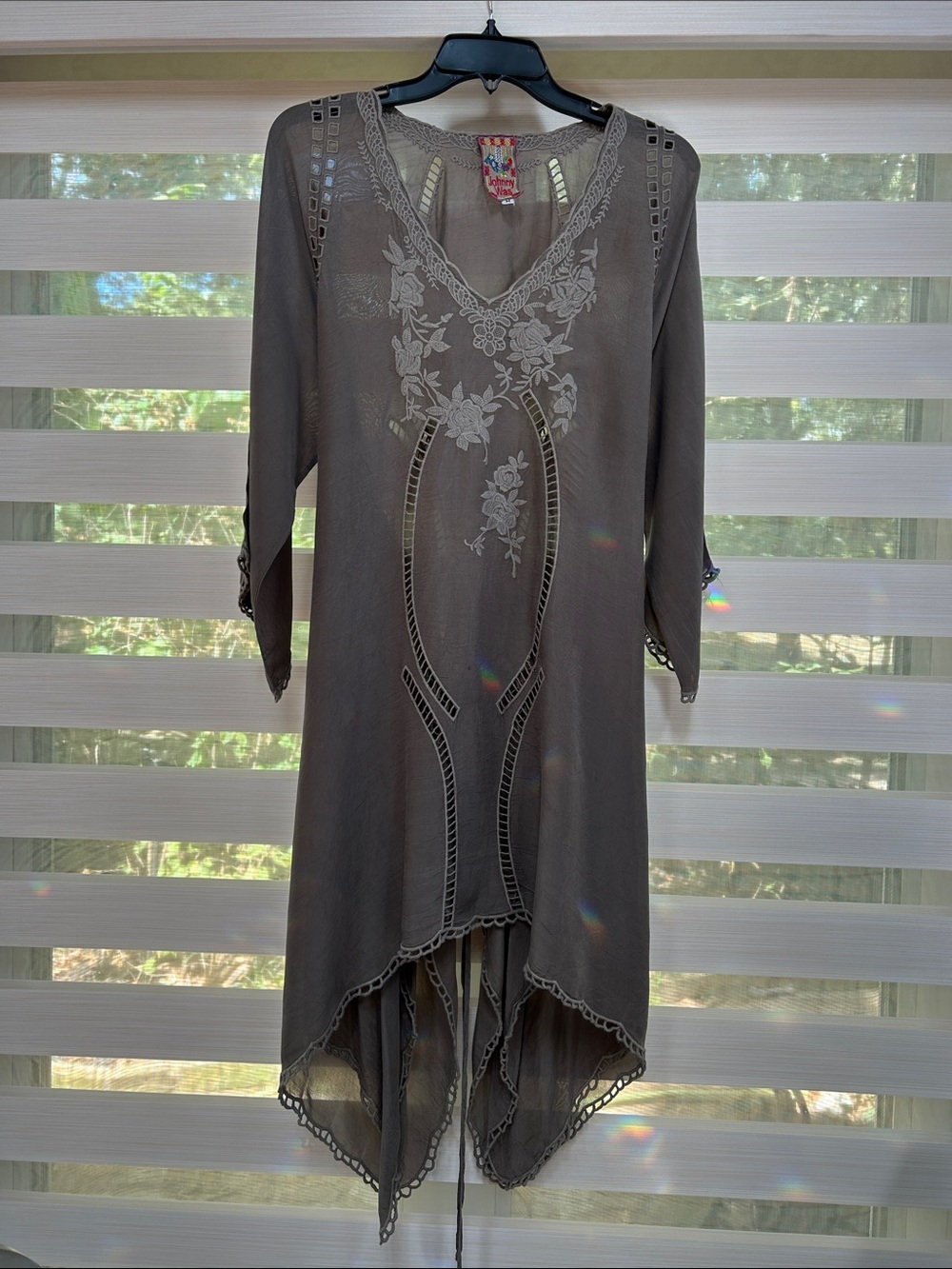 Johnny Was Taupe Embroidered Asymmetrical Tunic